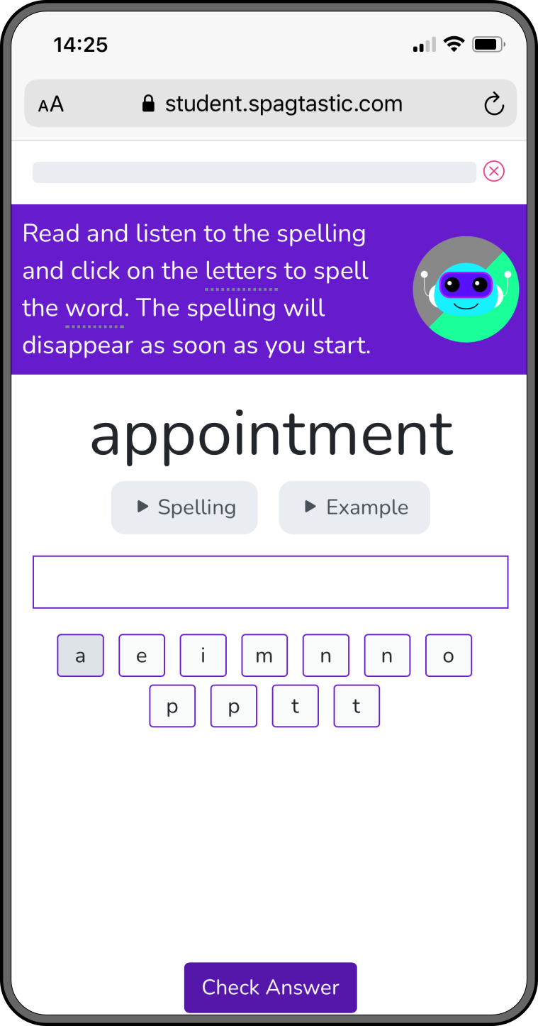 Spagtastic mobile app showing a spelling question